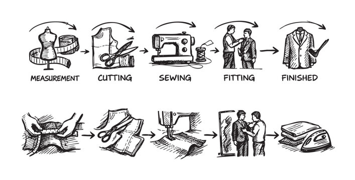 Black and white sketch illustrating the tailoring process, from measurement and cutting to sewing, fitting, and the finished garment, ideal for educational or informational content.