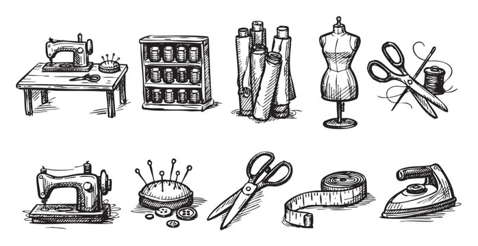 Black and white illustration showing sewing tools like mannequin, sewing machine, needle, thread, iron, tape measure, fabric, pins and other accessories. Perfect for tailoring illustrations.