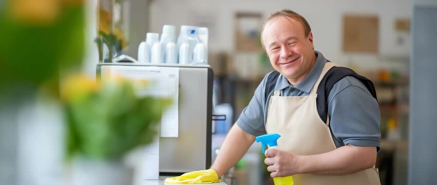 Worker with Down syndrome performing service job with pride, dignity at work concept
