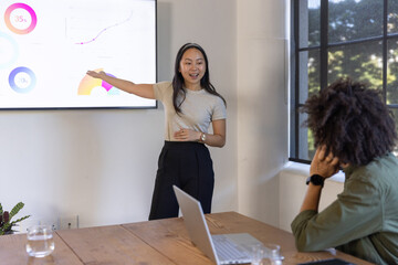 Naklejka premium Diverse coworkers presenting charts on wall-mounted display screen in meeting room, laptop