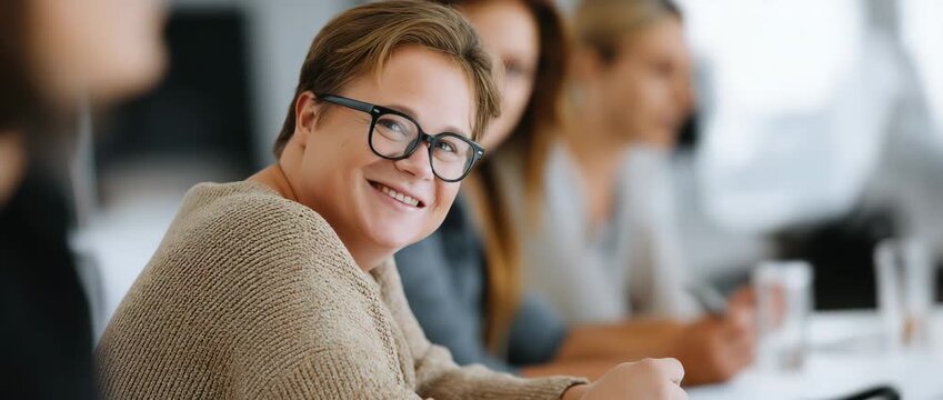 Person with Down syndrome participating in team meeting, inclusion  and equal opportunities in education or professional environments.