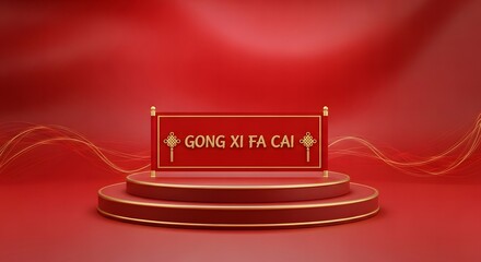 red podium stage with gong xi fa cai greeting scroll on elegant silk background for chinese new year product display and festive promotion