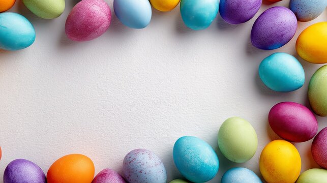 A colorful arrangement of Easter eggs on a white surface for springtime celebrations
