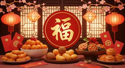 chinese new year red envelope with gold dragon pattern and fortune character standing on wooden table with festive lantern background