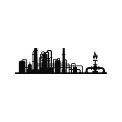 Obraz premium Oil and gas refinery plant complex silhouette. Industrial building construction and pipes. Energy manufacturing factory concept. Vector illustration