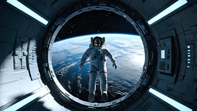 Astronaut Jumping Out of Space Station Airlock Toward Earth in Space