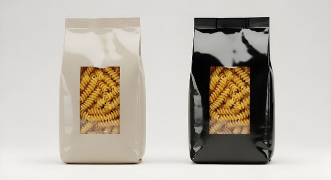 Two stand up pouch mockup designs showcasing dried fusilli pasta through clear viewing windows one in a light beige and the other in a sleek glossy black contrasting packaging style for food branding