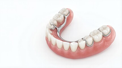 Detailed 3D illustration of dental prosthetics showcasing a realistic lower jaw with artificial teeth and metal components, emphasizing dental technology and oral health solutions