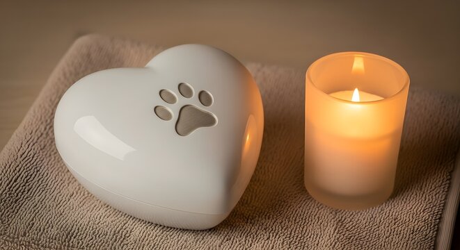 A heartfelt white ceramic pet cremation urn shaped like a loving heart featuring an engraved paw print sits beside a softly glowing frosted glass candle creating a solemn memorial atmosphere.