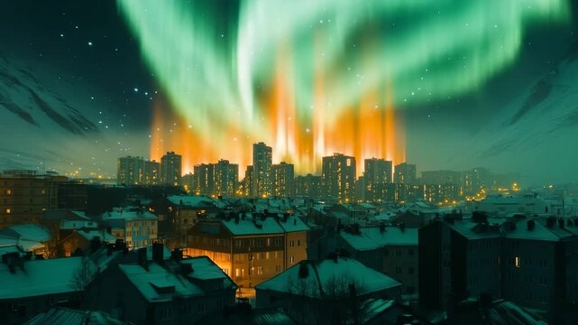 Aurora-like phenomenon illuminates city skyline with vibrant lights against a darkening twilight backdrop