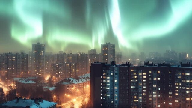 Aurora-like phenomenon illuminates city skyline with vibrant lights against a darkening twilight backdrop