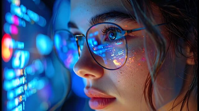 Woman with Glasses Reflecting Data, Futuristic Tech Concept