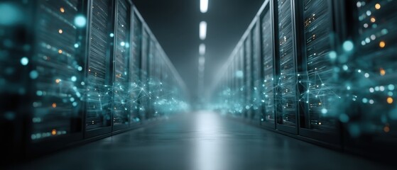 Obraz premium Secure Data Center Corridor Shows Blurred Servers in Focus and Digital Effects Showing Data Flow in a Modern Facility