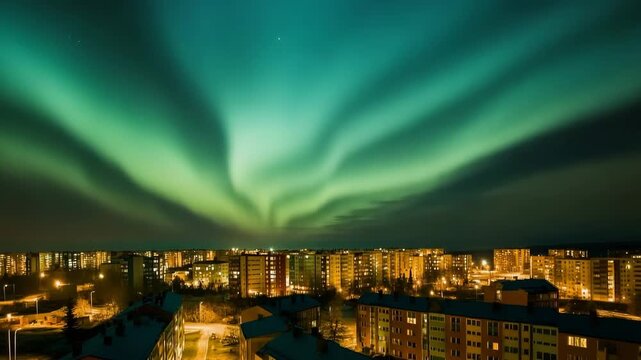 Aurora-like phenomenon illuminates city skyline with vibrant lights against a darkening twilight backdrop