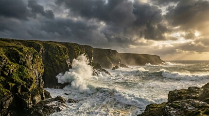 Rocky coastline with crashing waves and dramatic cloudy sky