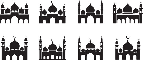 Various Mosque Silhouettes With Domes And Minarets
