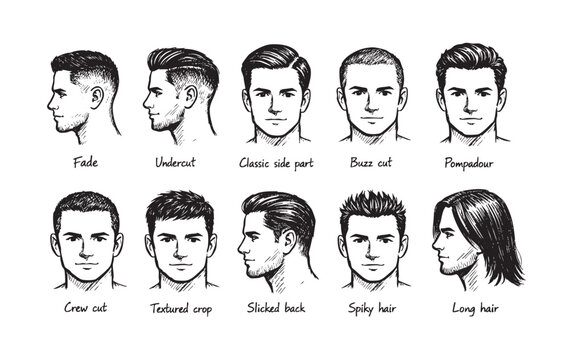 A collection of men's hairstyles, including fade, undercut, buzz cut, and long hair, presented as black and white sketches on a white background.