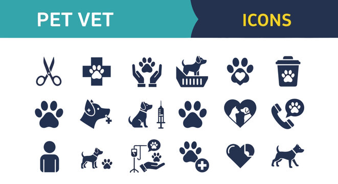 Collection of pet care icons displayed in a grid layout, symbolizing various veterinary services and pet-related activities