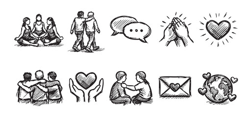 Obraz premium Black and white sketches illustrating connection, communication, and love, depict friends, hearts, speech bubbles, hands, and Earth, ideal for themes of unity, support, and relationships.
