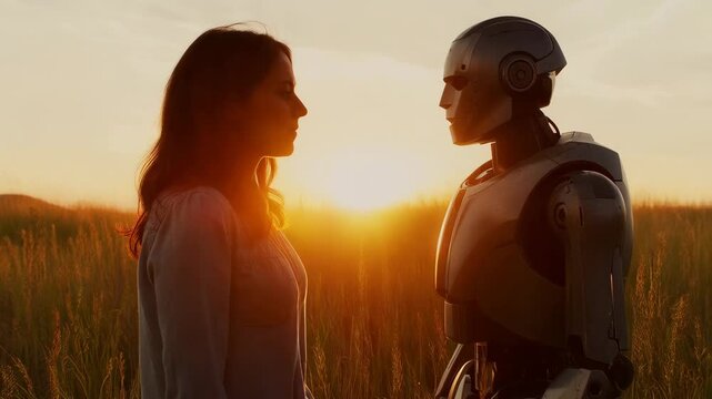 Silhouette of woman facing humanoid robot in tall grass at sunset