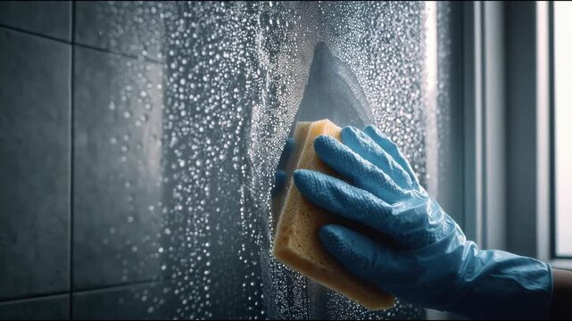 A gloved hand scrubs a wet glass surface with a sponge. Water droplets are visible on the glass, indicating cleaning activity in a bathroom or kitchen.