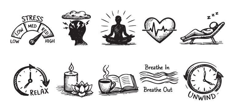 A black and white vector illustration showcasing hand-drawn doodle icons representing stress relief, relaxation, and self-care practices, ideal for health, lifestyle, and wellness themes.