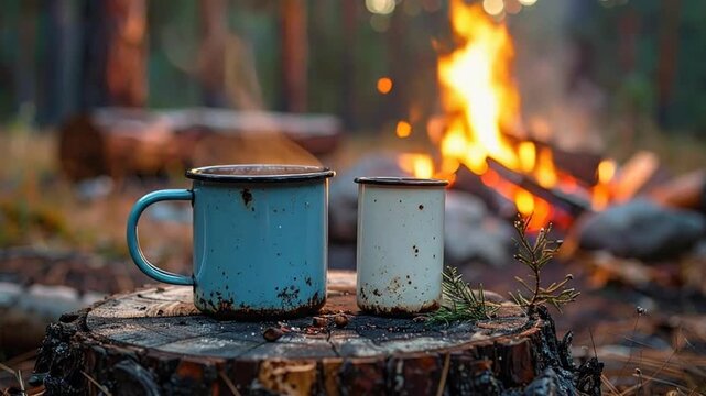 Two enamel mugs sit on a tree stump near a campfire.