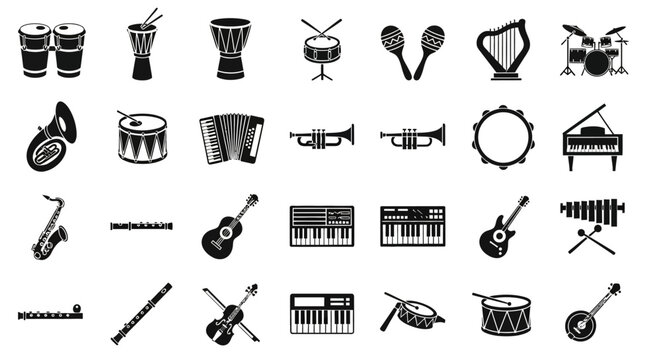 Collection of various musical instruments icons displayed together in a grid layout on a plain white background originally make 185 eps