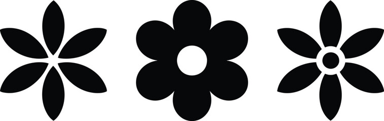 Trendy collection of three different minimalist geometric floral icons, black and white vector silhouettes isolated on white, symbolizing nature, spring, and simple decoration.