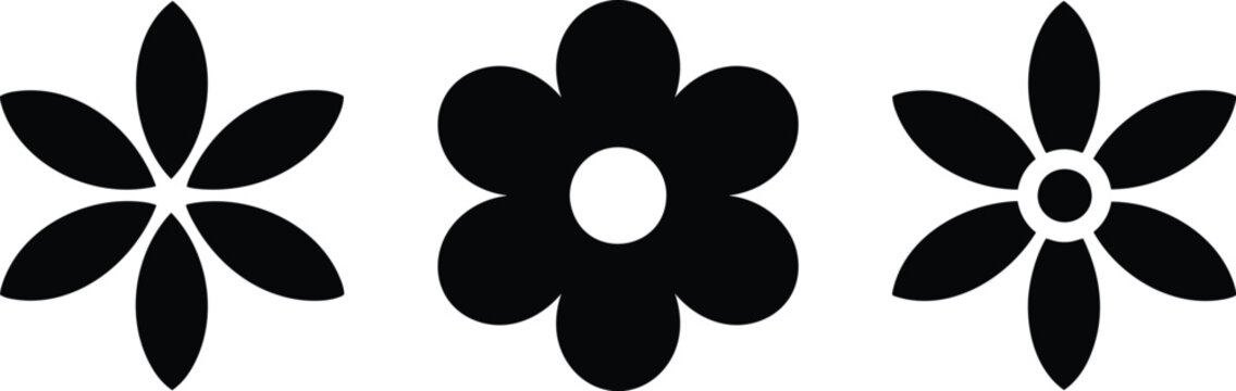 Trendy collection of three different minimalist geometric floral icons, black and white vector silhouettes isolated on white, symbolizing nature, spring, and simple decoration.