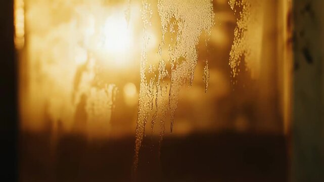 Golden backlit condensation on transparent glass, droplets and streaks forming textured, warm bokeh pattern that evokes cool, refreshing liquid and humid atmosphere