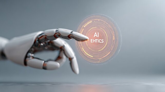 Robotic arm is touching a futuristic digital interface with ai ethics written on it, symbolizing the growing importance of ethical considerations in artificial intelligence development