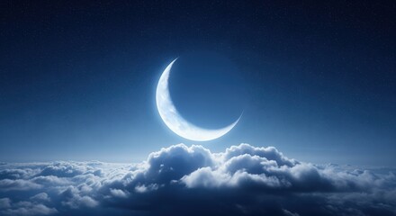 A glowing crescent moon shines above soft white clouds against a deep blue night sky. This peaceful scene creates a serene, magical atmosphere perfect for relaxation, sleep, and dreams.