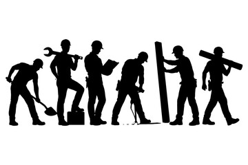 Obraz premium Silhouette of construction workers performing different tasks.