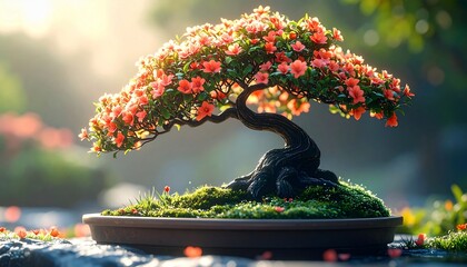 Bonsai tree with vibrant orange blossoms set against a blurred garden backdrop