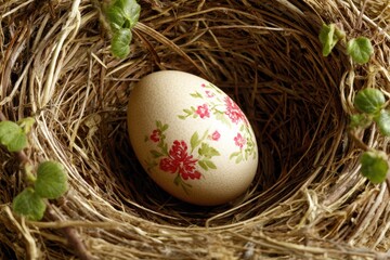Obraz premium Floral Egg in Nest: Spring Symbolism and Renewal, a Season of New Beginnings