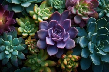 Close-up View of a Variety of Succulents Arranged Closely Together in a Compact Layout