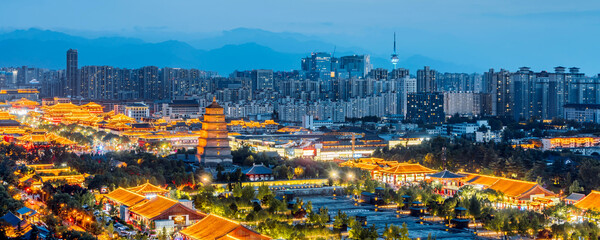 High Anlge View of urban skyline night view of the Big Wild Goose Pagoda in Xi'an, Shaanxi, China