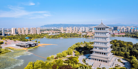 Aerial Scenery of Chang'an Tower in Xi'an World Expo Park, Shaanxi, China