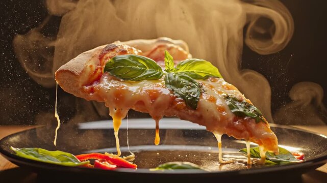 A hot pizza slice floats over a dark plate. Melting cheese drips with fresh basil and chili peppers. Appetizing food concept.