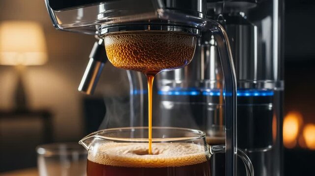 Rich espresso pouring into glass coffee pot from modern drip brewer