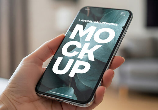 Closeup of smartphone screen held by womans hand indoors setting