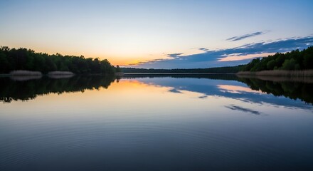 Fototapeta premium Mirror-Like Lake at Twilight Reflecting a Colorful Sunset Sky and Silhouetted Tree Line Along the Shoreline 