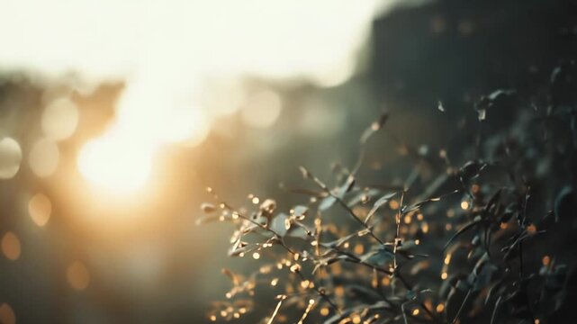 Delicate water drops glistening on plant stems, reflecting warm golden sunlight with soft bokeh in the blurred background, creating a serene and natural aesthetic