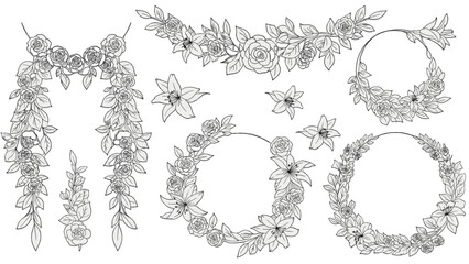 A collection of delicate floral wreaths and garlands in various shapes and sizes, drawn in black and white line art.