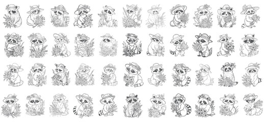 Retro Raccoon Illustrations Bundle, Vintage Style Raccoons in Sunhats © 99VectorS