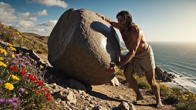 A strong man persistently pushes a large rock uphill in a rugged coastal landscape