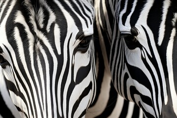 Fototapeta premium Zebras facing forward with patterned black and white fur, creating an abstract visual