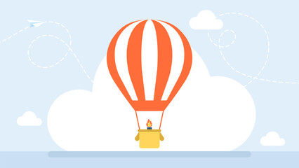 Striped simple aerostat isolate on white background. Hot air balloon silhouette Icon. Striped balloon with Basket. Colorful hot air balloons flat travel and adventure. Vector illustration © Yurii