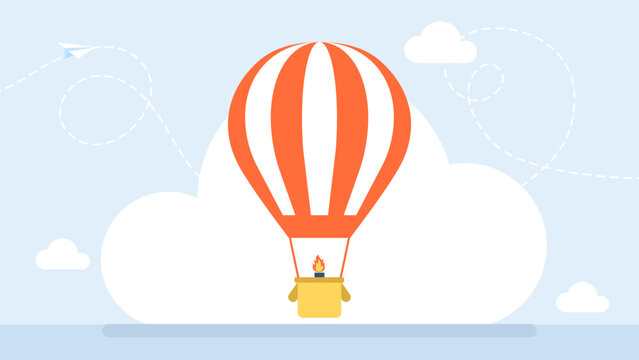 Striped simple aerostat isolate on white background. Hot air balloon silhouette Icon. Striped balloon with Basket. Colorful hot air balloons flat travel and adventure. Vector illustration